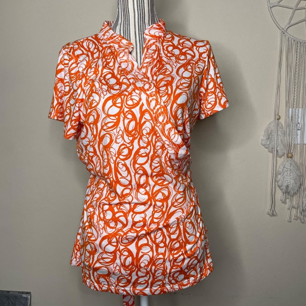 Newport News Global Exclusive Womens Wrap Blouse Circular Design Orange White L